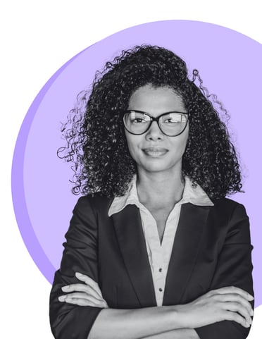 Professional woman in front of purple geometric shapes Professional woman in front of purple geometric shapes